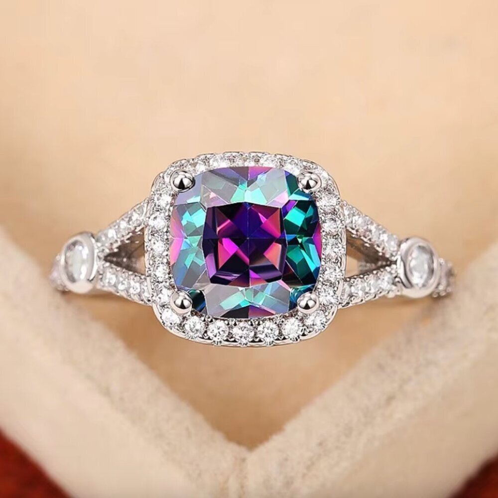 NEW 925 Sterling Silver Diamond Ring Cushion Cut Halo Ring